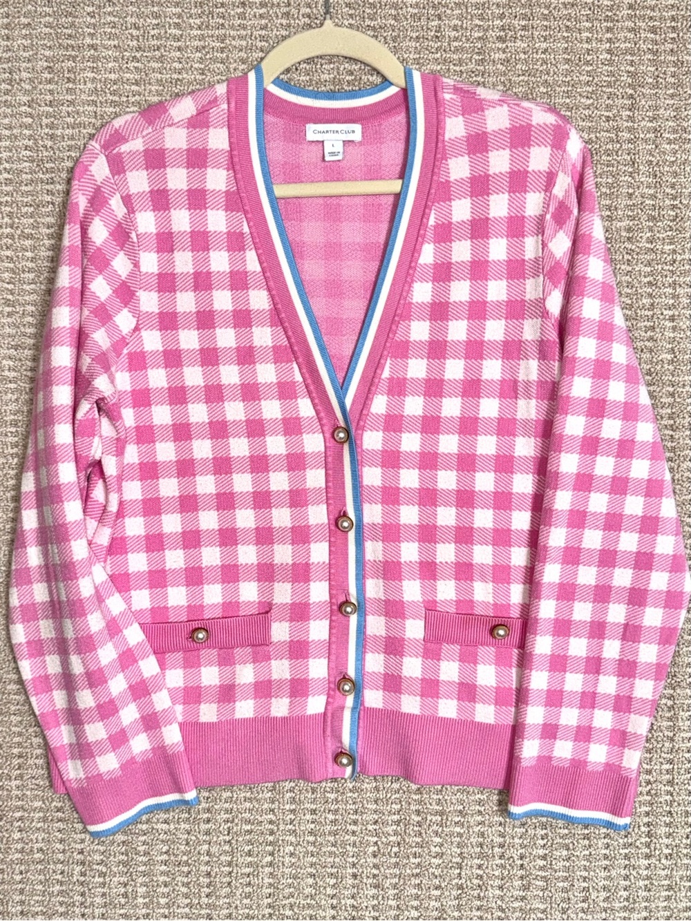 Charter Club Gingham Print Pink White Sweater Cardigan Preppy Size Large